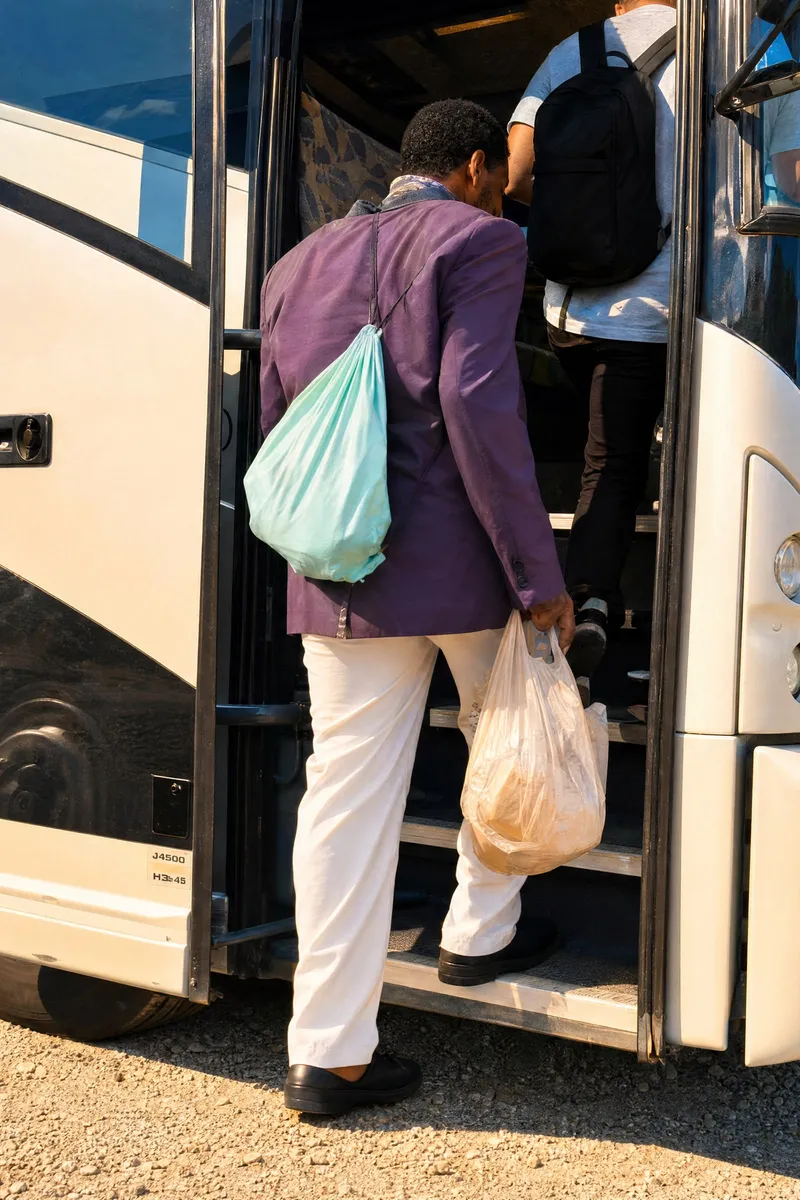 A rider with her bags climbing the steps of the bus