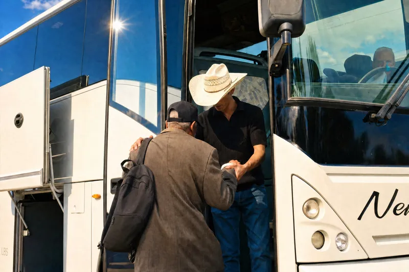 A driver greeting a rider at the door of the bus