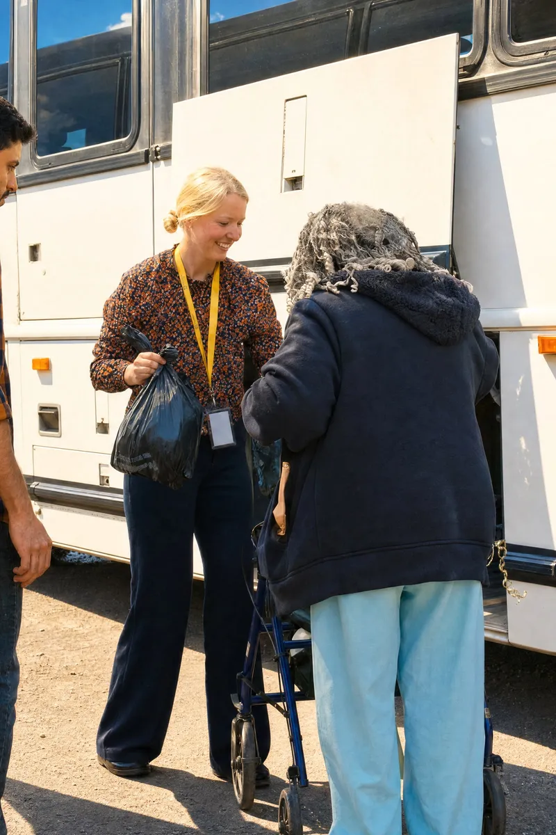A Bus Ministry volunteer helping an elderly rider with a walker to the bus