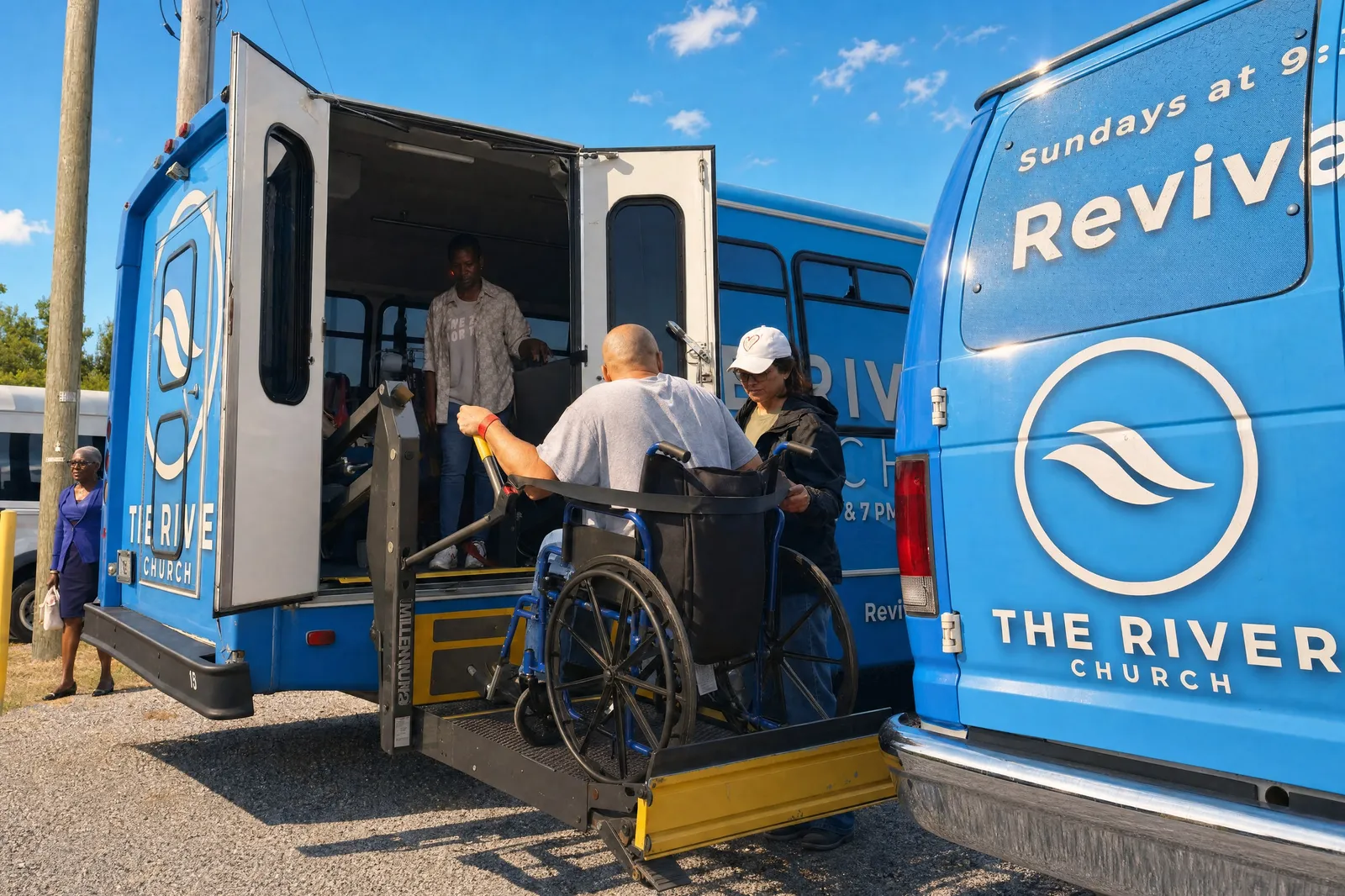 A rider in a wheelchair lifted aboard a River Church bus